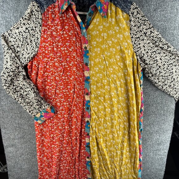 Natural Life Dresses & Skirts - Natural Life Floral Button Up Dress Large Colorful Boho Long Sleeve Rayon Women